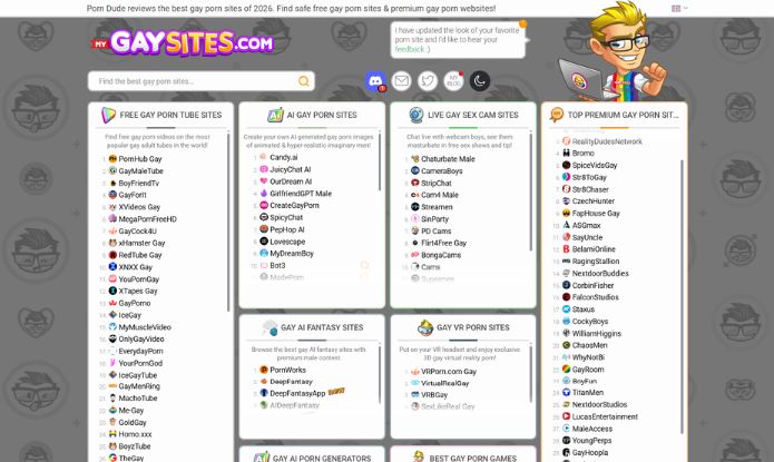 A screenshot of MyGaySites homepage showing various list of gay sites