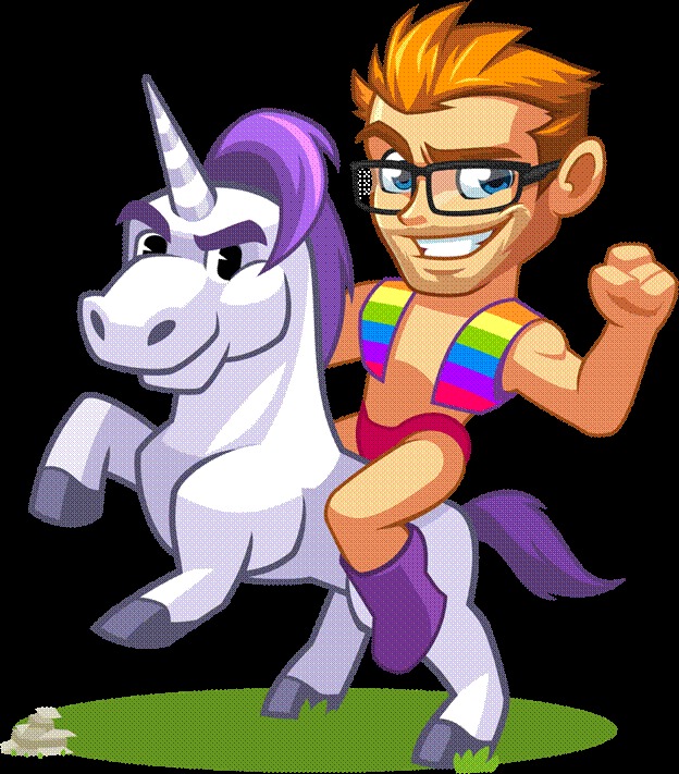 A cartoon of Porn dude riding a unicorn, representing bareback gay sex